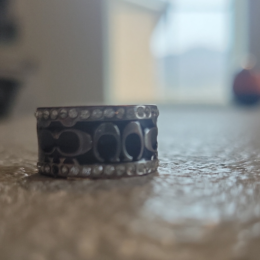 Black and Silver Coach Brand Ring with Rhinestone Accents